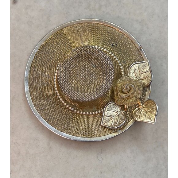 Gold Tone Hat Brooch Pin With Rose & Leaf Details Vintage Style Jewelry Accessor - Picture 3 of 3